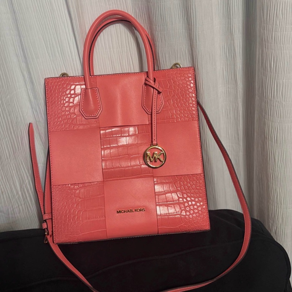 Michael Kors Coral Patchwork Croc-Embossed Satchel
